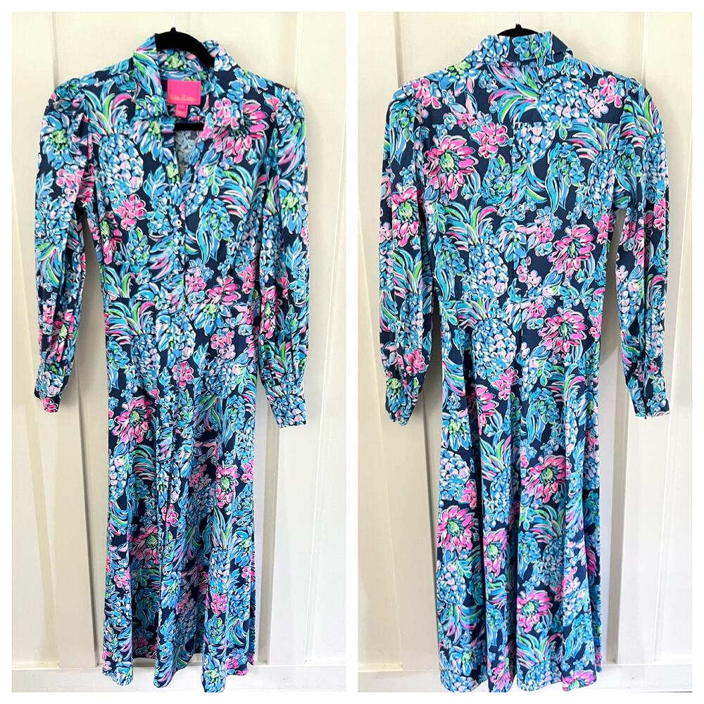 Lilly Pulitzer Mira Stretch Midi Shirt Dress in High Tide Navy Blue Size 2 - Picture 2 of 8